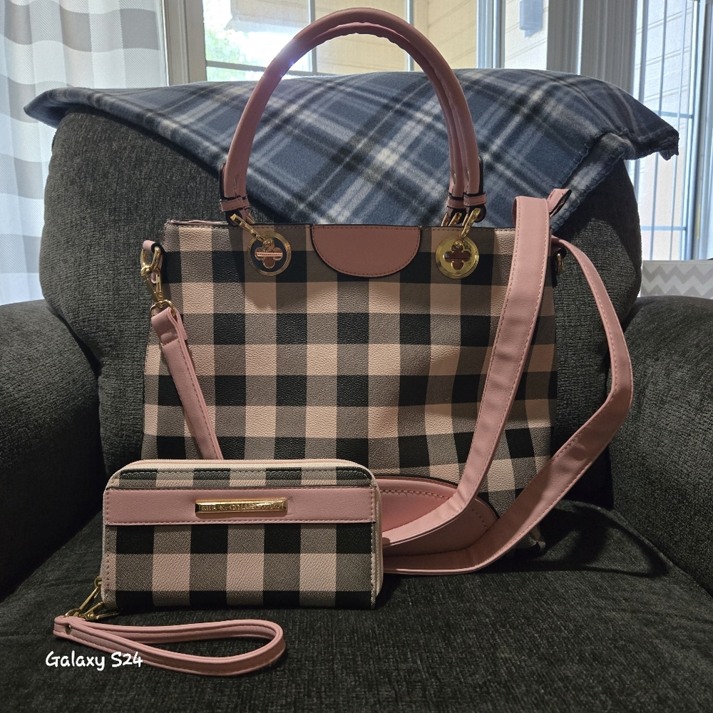 MKF Pink Plaid Bag w/wristlet